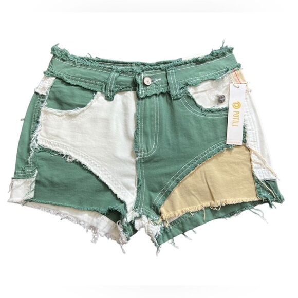 Potili High Waisted Distressed Color Block Denim Shorts size 8 - Picture 2 of 14